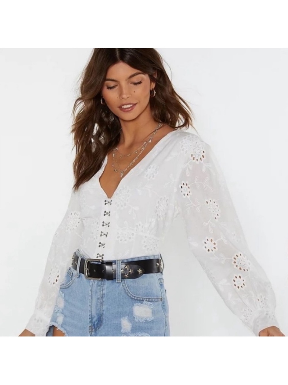 Nasty Gal US 2 Wanna Hook Broderie Angalaise White Eyelet Puff Sleeve Top NWT